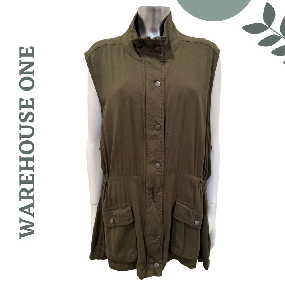 🛍️3/$40 Warehouse One Sleeveless Utility Vest Khaki Green Zip Snap Front  XXXL